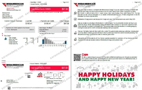 USA MidAmerican Energy Company utility bill template in Word and PDF formats, 3 pages, 1-2 pages